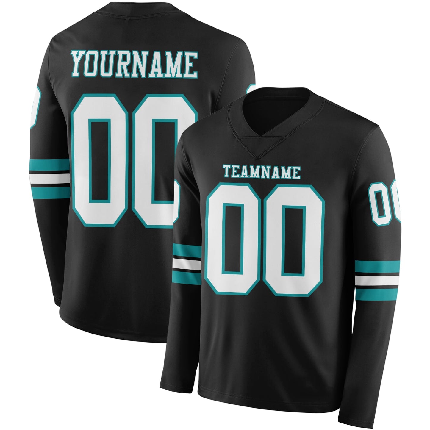 Custom Black White-Teal Long Sleeve Authentic Football Jersey - Main View