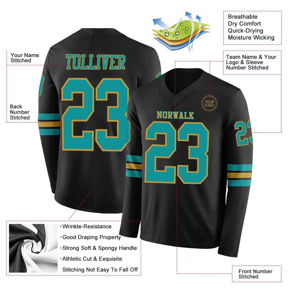 Custom Black Teal-Old Gold Long Sleeve Authentic Football Jersey view 2