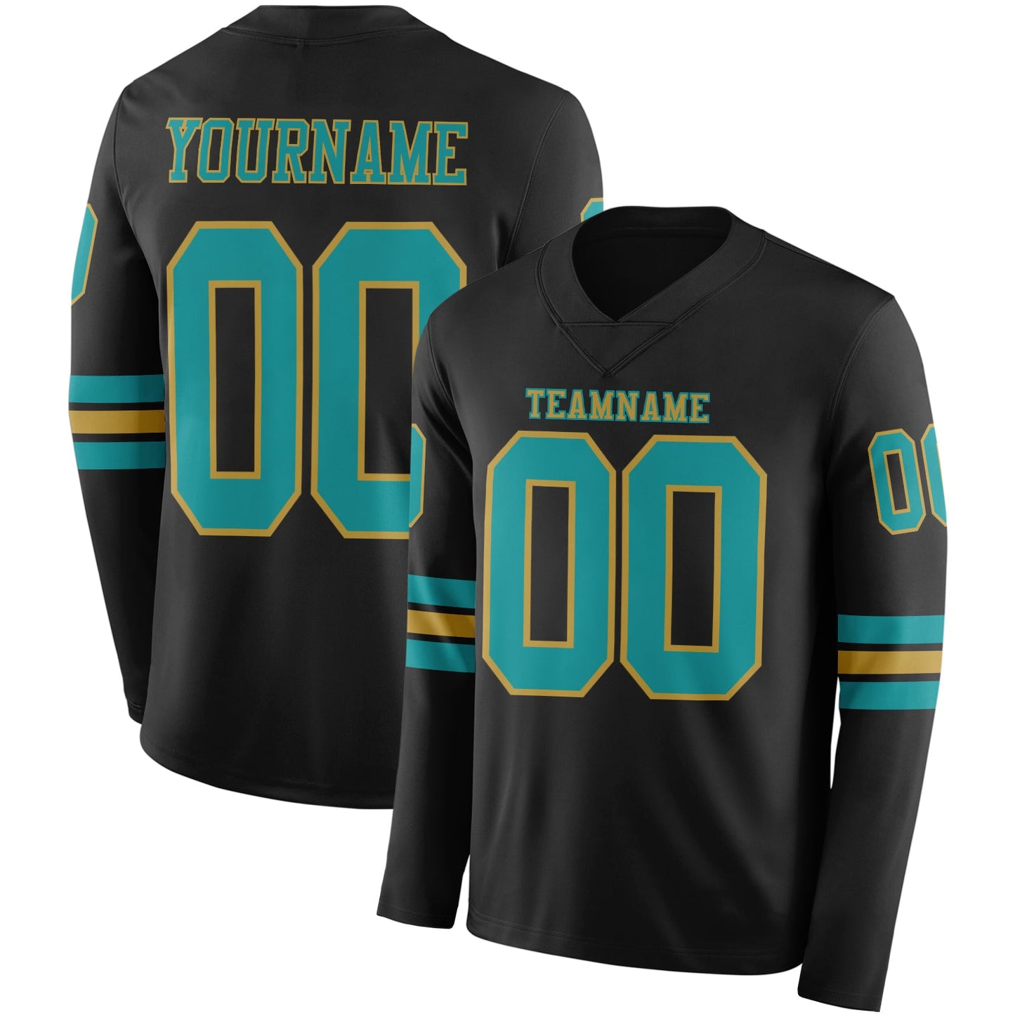 Custom Black Teal-Old Gold Long Sleeve Authentic Football Jersey - Main View