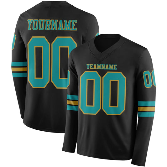 Custom Black Teal-Old Gold Long Sleeve Authentic Football Jersey - Main View