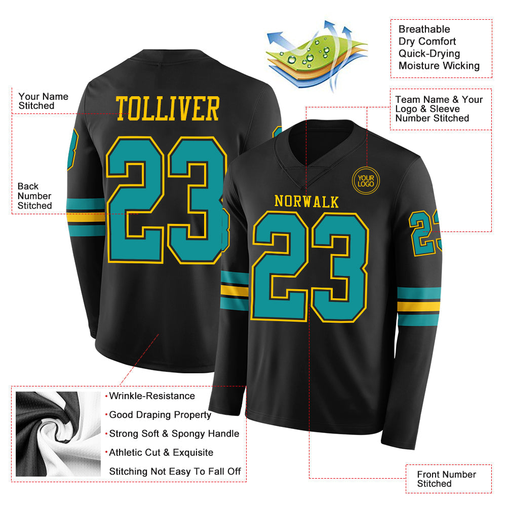 Custom Black Teal-Yellow Long Sleeve Authentic Football Jersey view 2