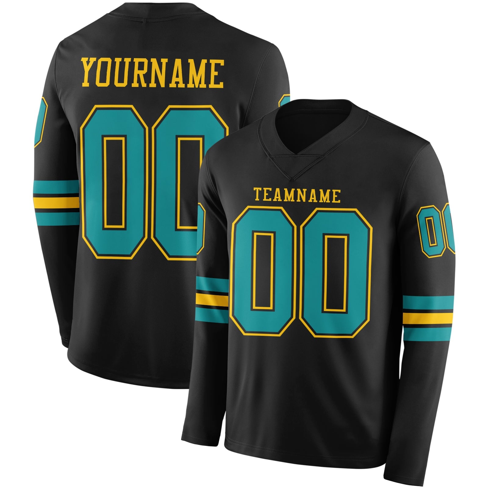 Custom Black Teal-Yellow Long Sleeve Authentic Football Jersey - Main View