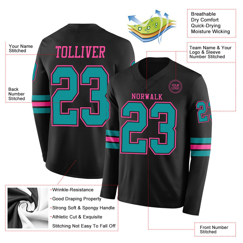 Custom Black Teal-Pink Long Sleeve Authentic Football Jersey view 2
