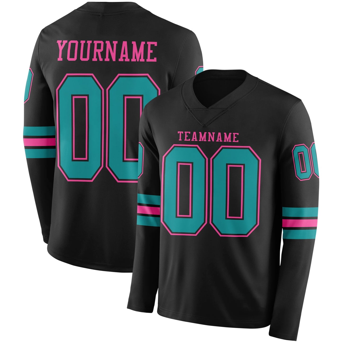Custom Black Teal-Pink Long Sleeve Authentic Football Jersey - Main View