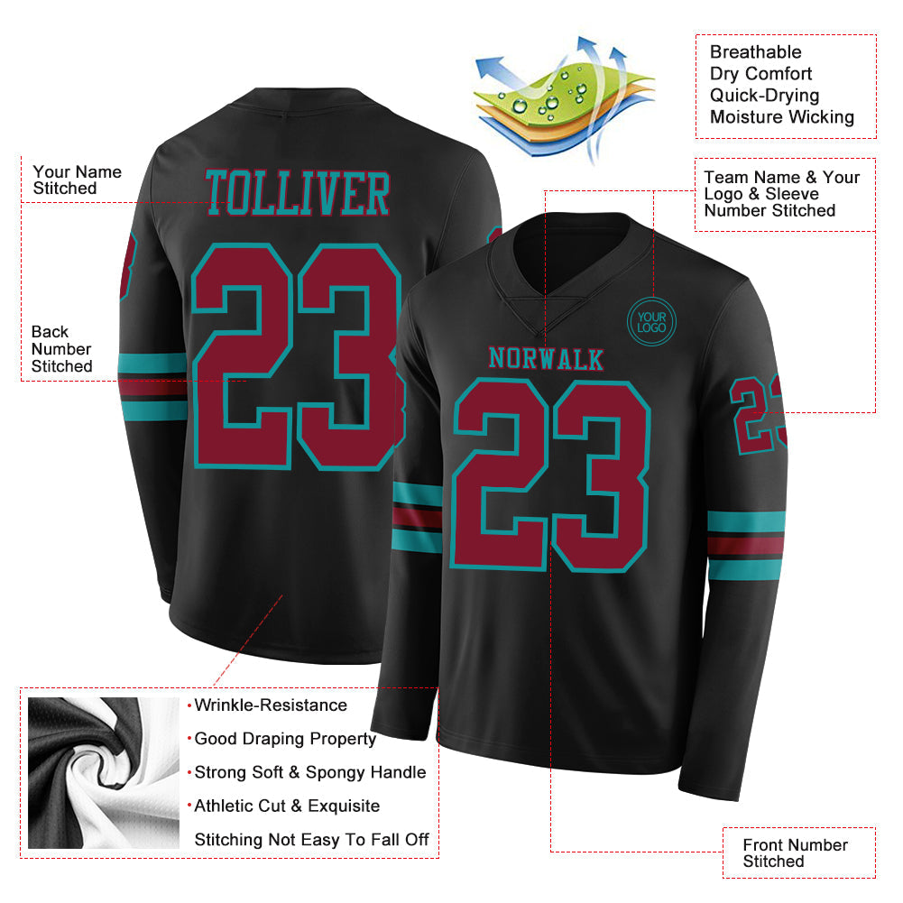 Custom Black Crimson-Teal Long Sleeve Authentic Football Jersey view 2