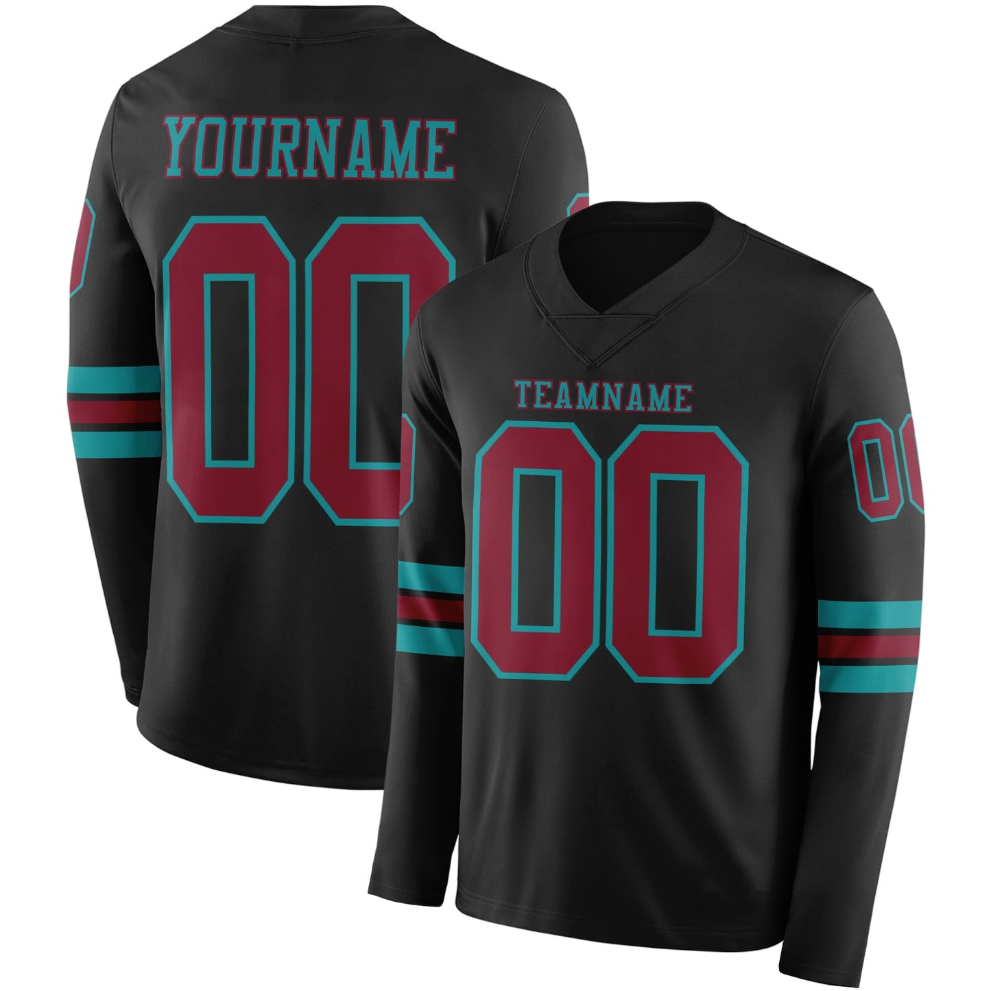 Custom Black Crimson-Teal Long Sleeve Authentic Football Jersey - Main View