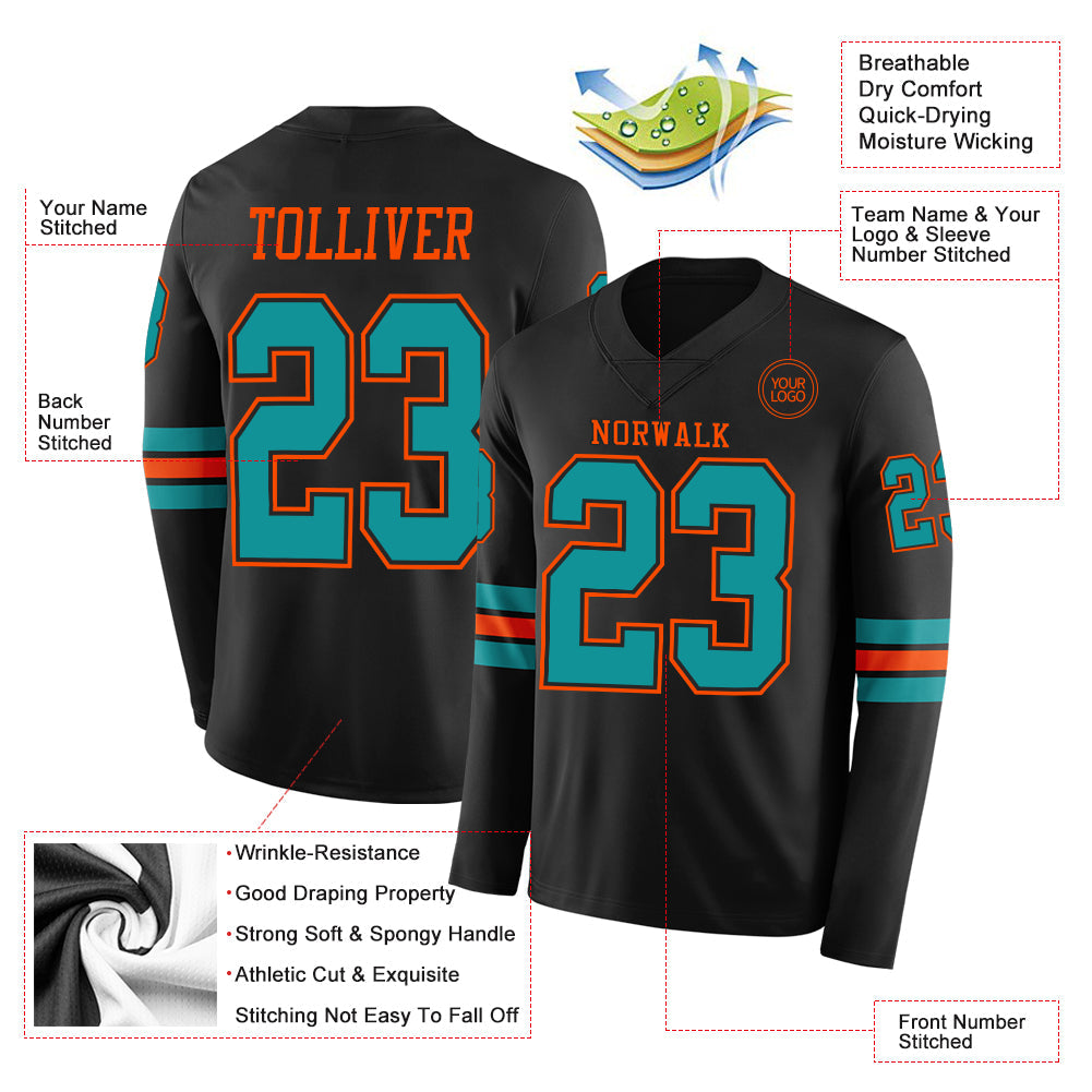 Custom Black Teal-Orange Long Sleeve Authentic Football Jersey view 2