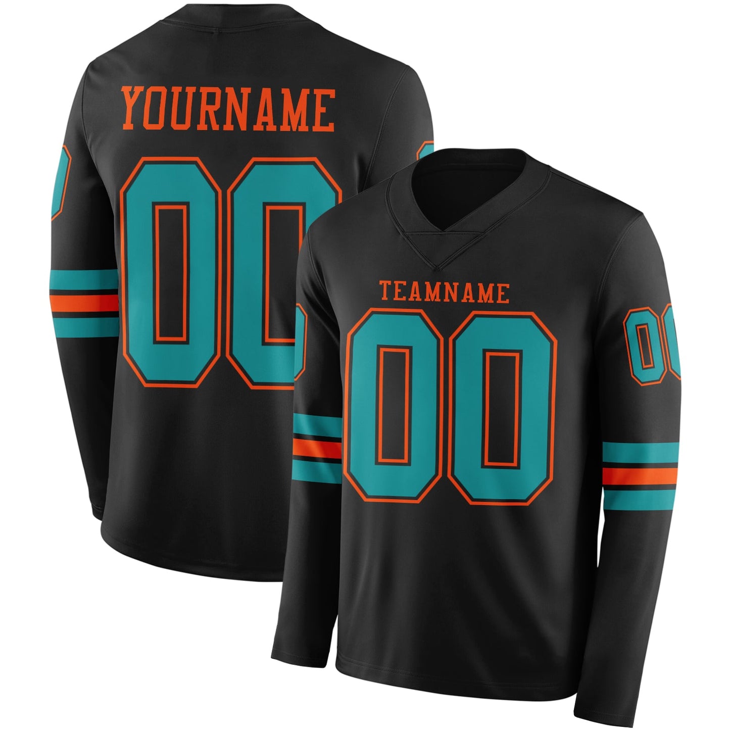 Custom Black Teal-Orange Long Sleeve Authentic Football Jersey - Main View