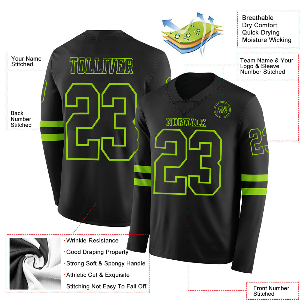 Custom Black Neon Green Long Sleeve Authentic Football Jersey view 2