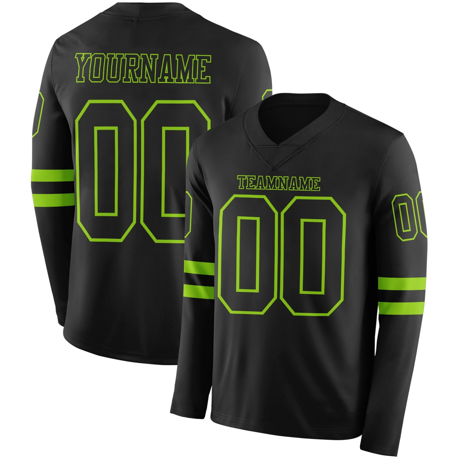 Custom Black Neon Green Long Sleeve Authentic Football Jersey - Main View