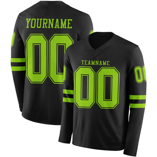 Custom Black Neon Green Long Sleeve Authentic Football Jersey - Main View