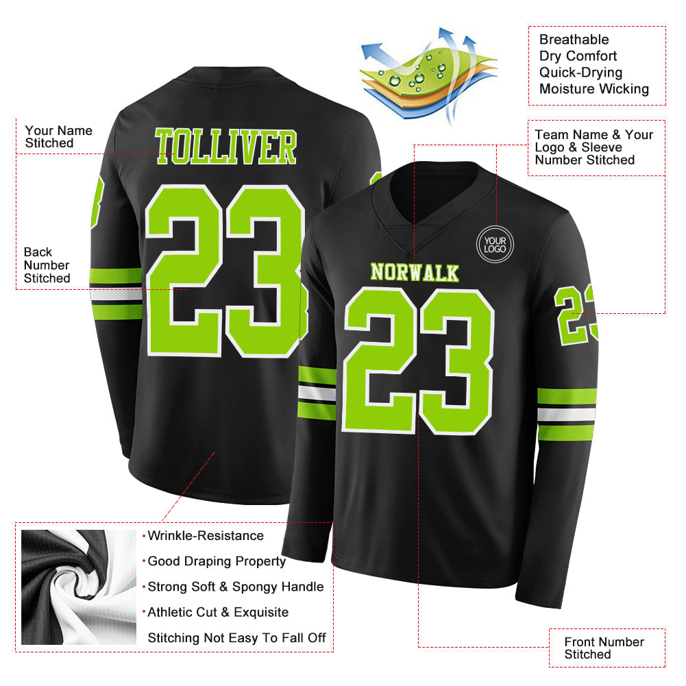 Custom Black Neon Green-White Long Sleeve Authentic Football Jersey view 2