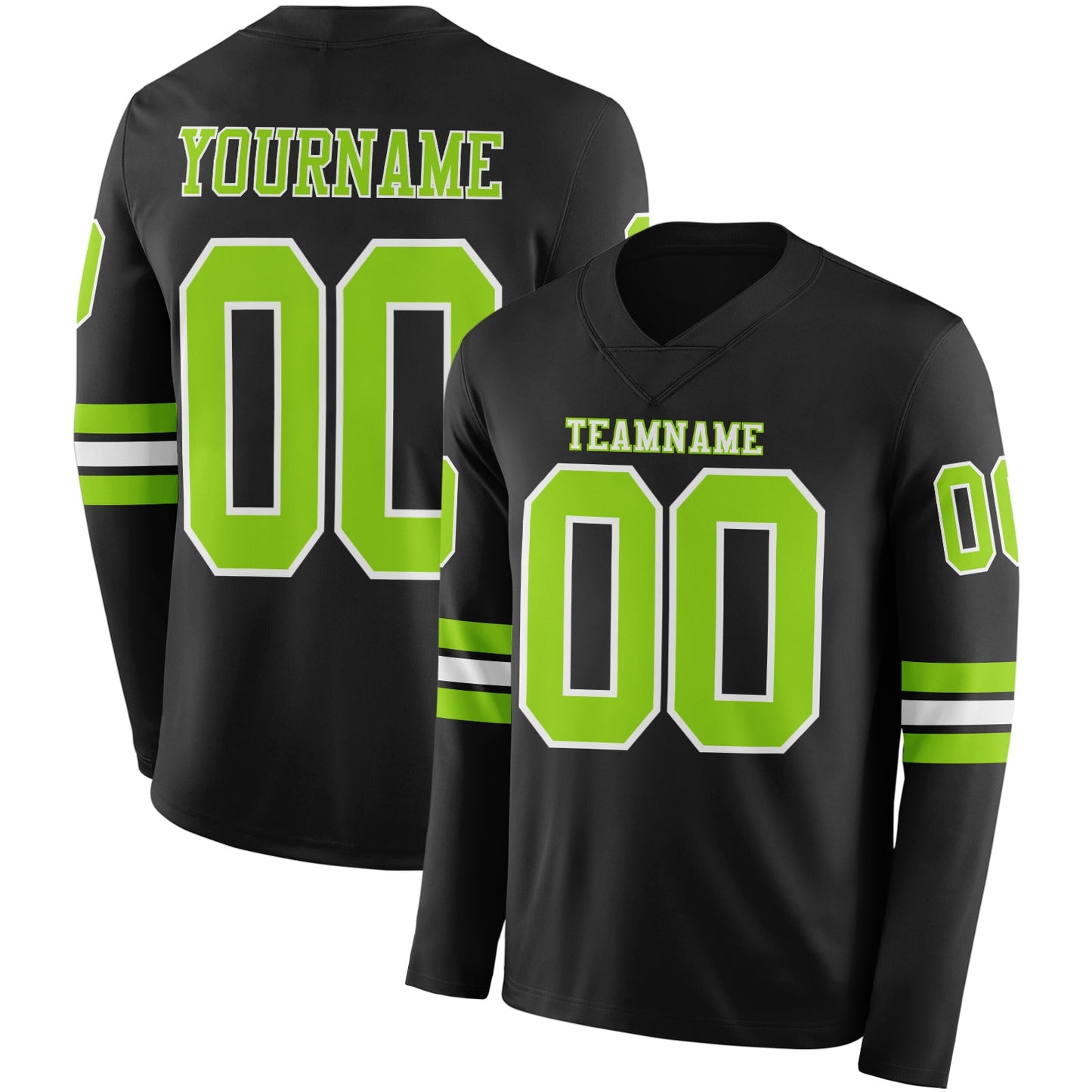 Custom Black Neon Green-White Long Sleeve Authentic Football Jersey - Main View