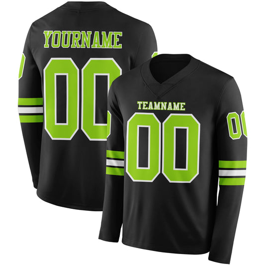 Custom Black Neon Green-White Long Sleeve Authentic Football Jersey - Main View