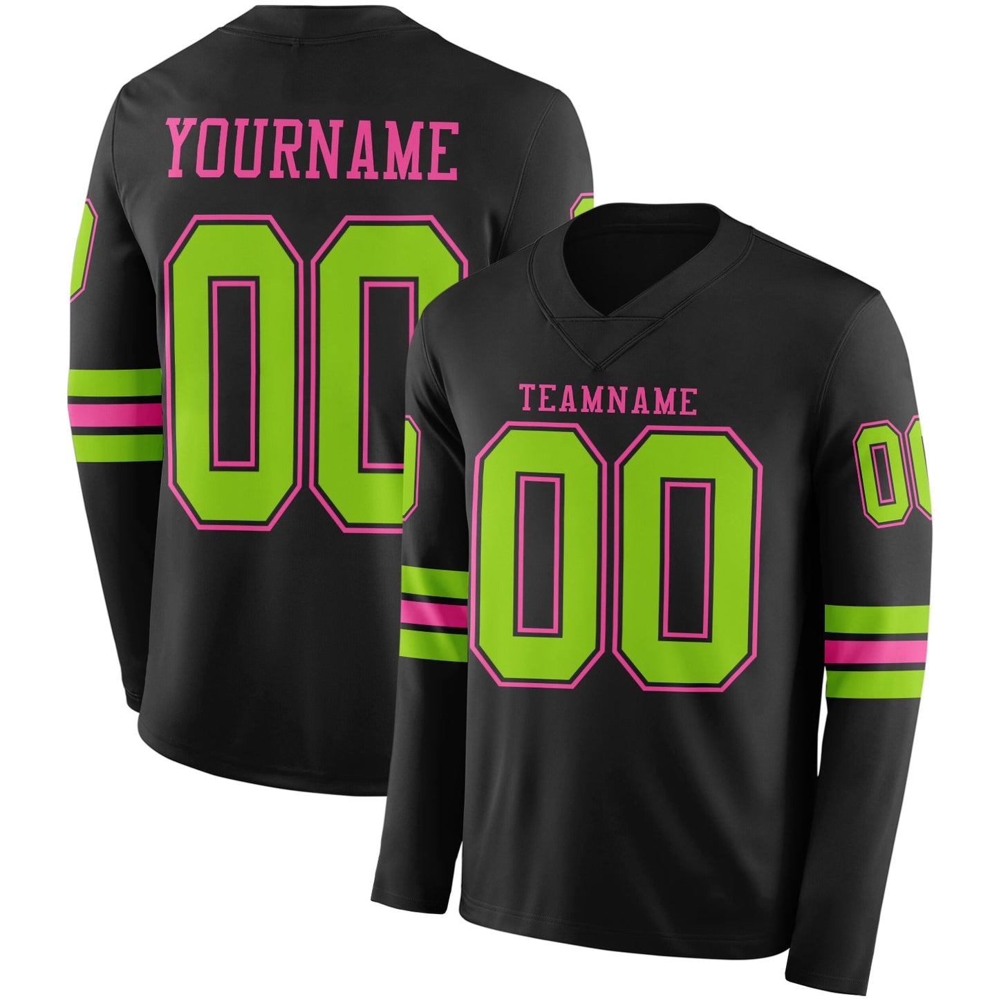 Custom Black Neon Green-Pink Long Sleeve Authentic Football Jersey - Main View