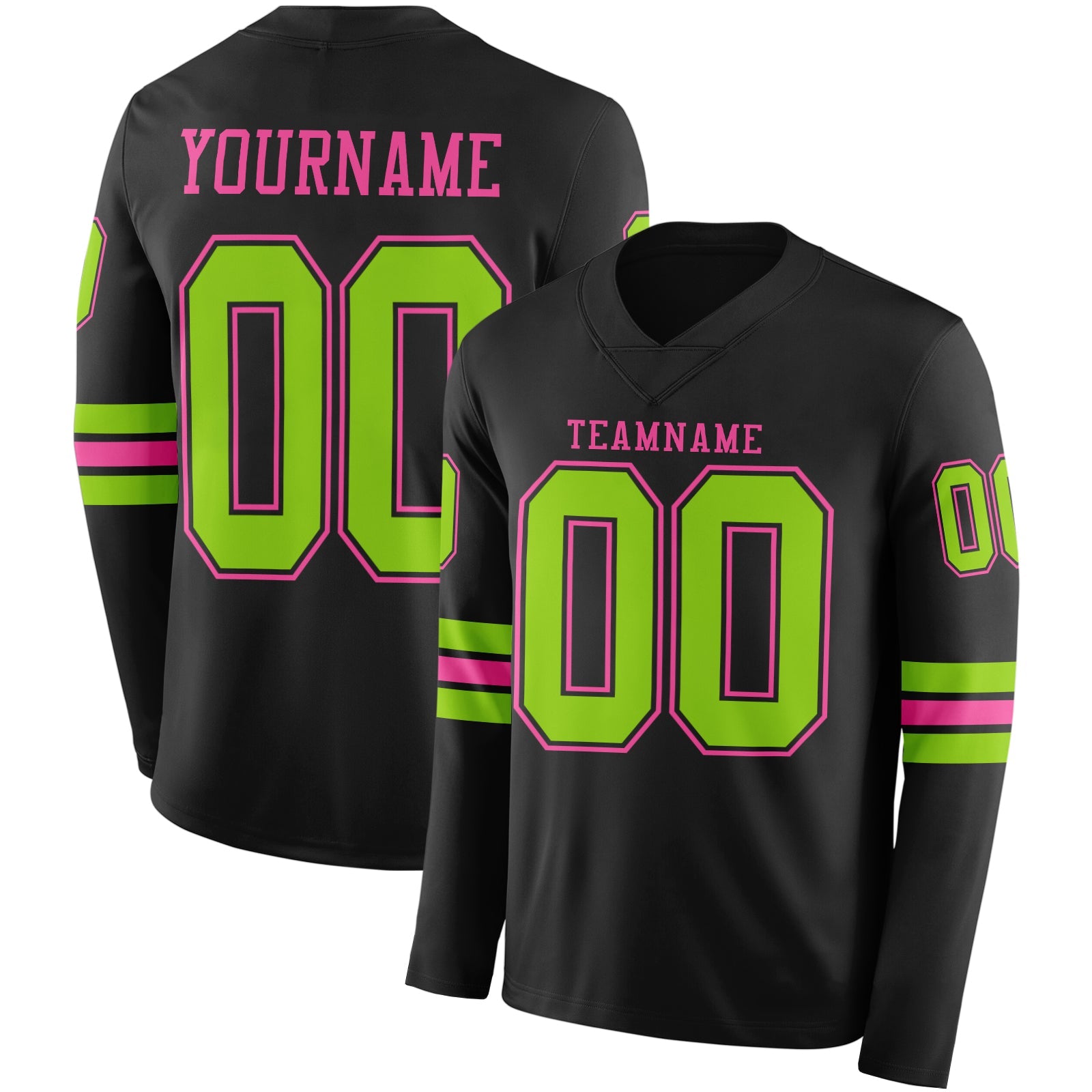 Custom Black Neon Green-Pink Long Sleeve Authentic Football Jersey - Main View