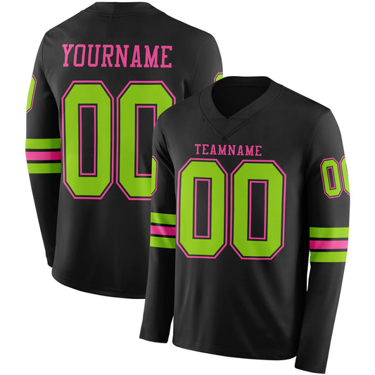 Custom Black Neon Green-Pink Long Sleeve Authentic Football Jersey - Main View