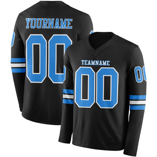 Custom Black Powder Blue-White Long Sleeve Authentic Football Jersey - Main View