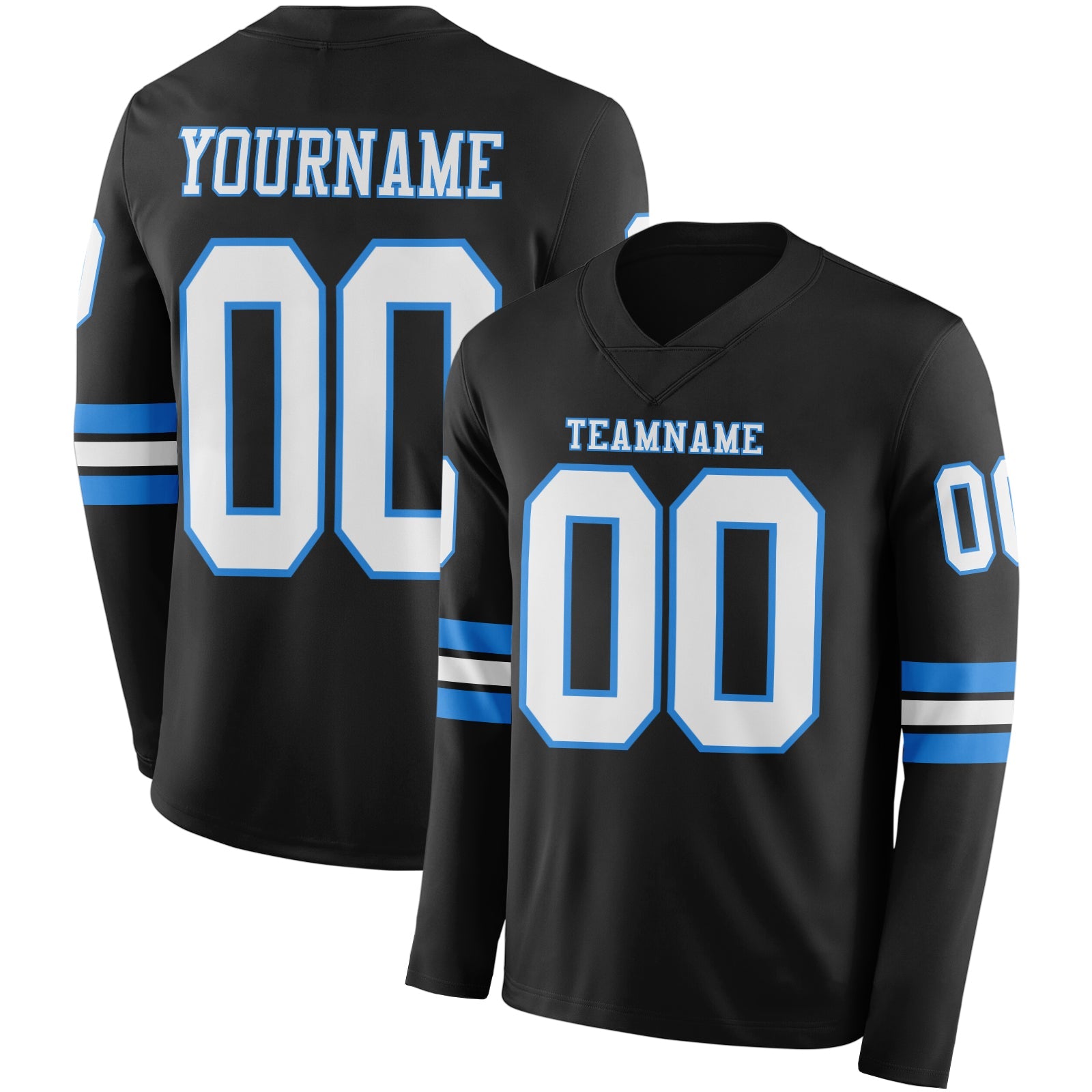 Custom Black White-Powder Blue Long Sleeve Authentic Football Jersey - Main View