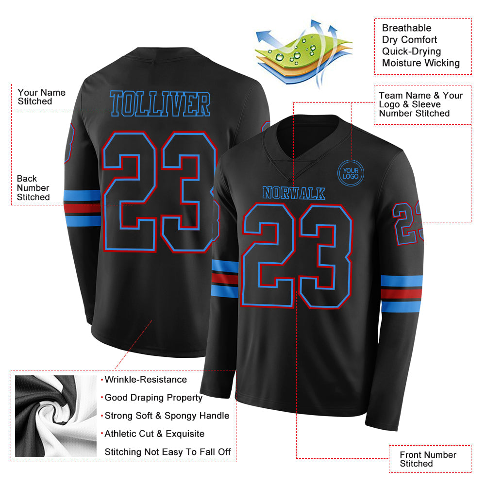 Custom Black Powder Blue-Red Long Sleeve Authentic Football Jersey view 2