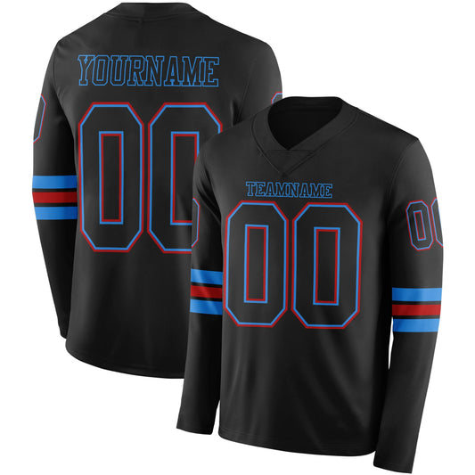 Custom Black Powder Blue-Red Long Sleeve Authentic Football Jersey - Main View