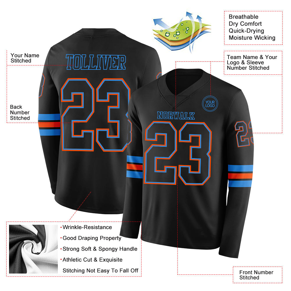 Custom Black Powder Blue-Orange Long Sleeve Authentic Football Jersey view 2
