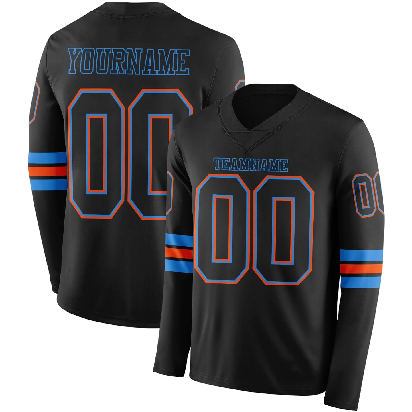 Custom Black Powder Blue-Orange Long Sleeve Authentic Football Jersey - Main View