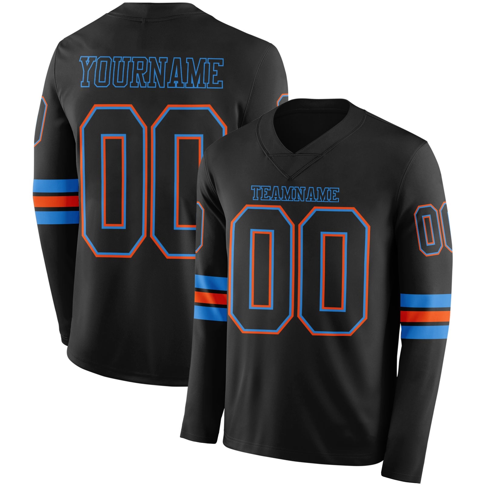 Custom Black Powder Blue-Orange Long Sleeve Authentic Football Jersey - Main View