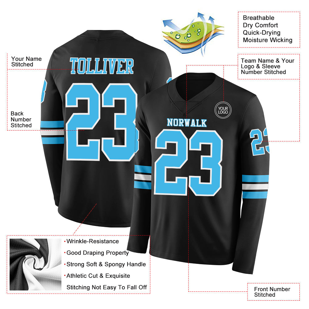 Custom Black Sky Blue-White Long Sleeve Authentic Football Jersey view 2