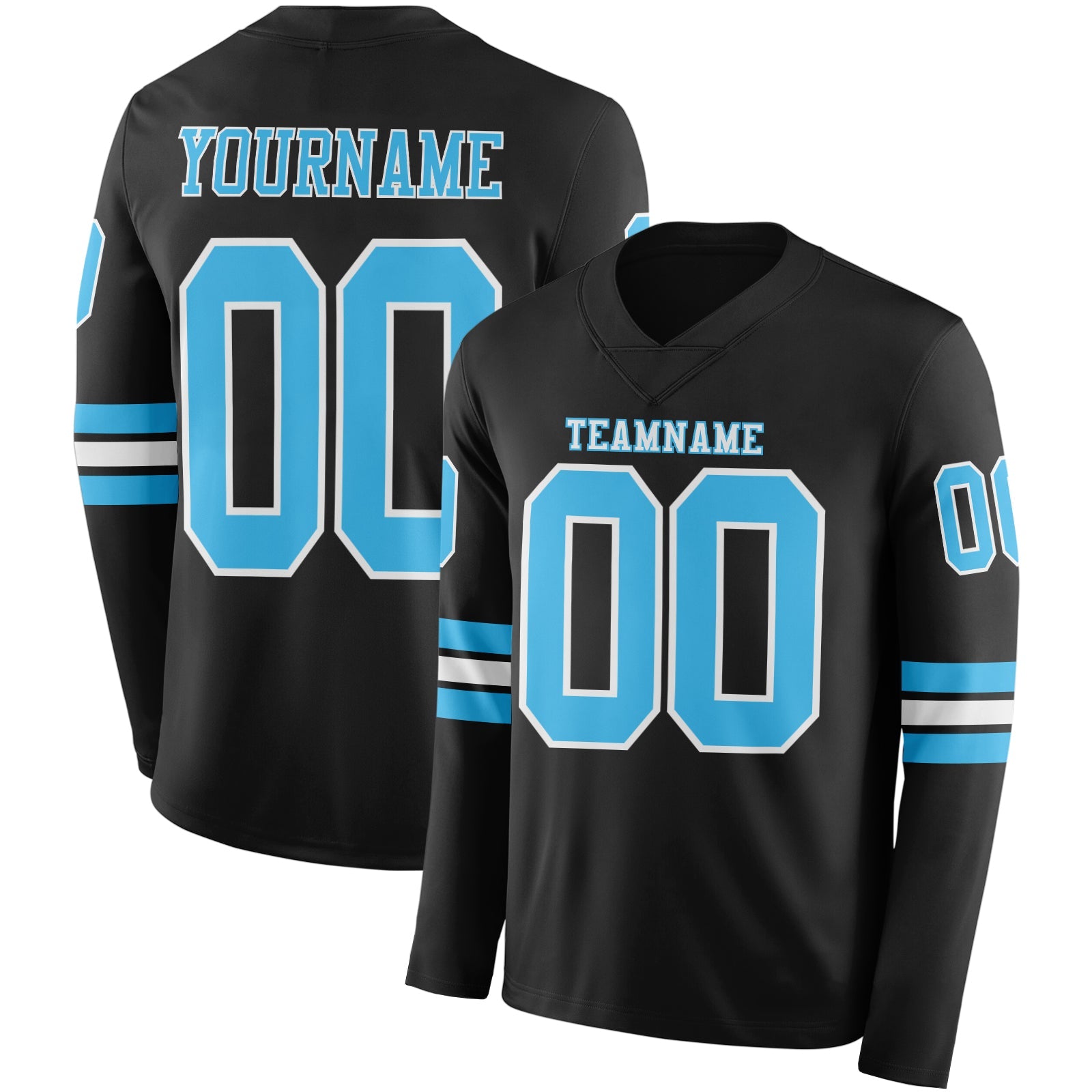 Custom Black Sky Blue-White Long Sleeve Authentic Football Jersey - Main View