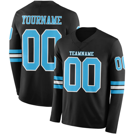 Custom Black Sky Blue-White Long Sleeve Authentic Football Jersey - Main View