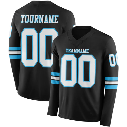 Custom Black White-Sky Blue Long Sleeve Authentic Football Jersey - Main View