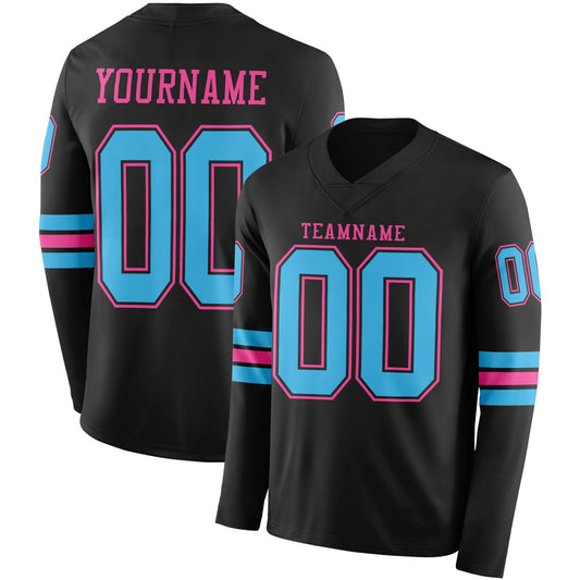 Custom Black Sky Blue-Pink Long Sleeve Authentic Football Jersey - Main View