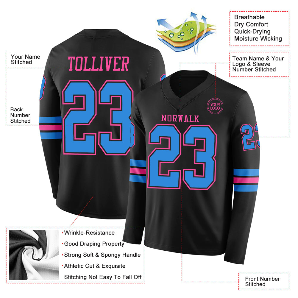 Custom Black Powder Blue-Pink Long Sleeve Authentic Football Jersey view 2