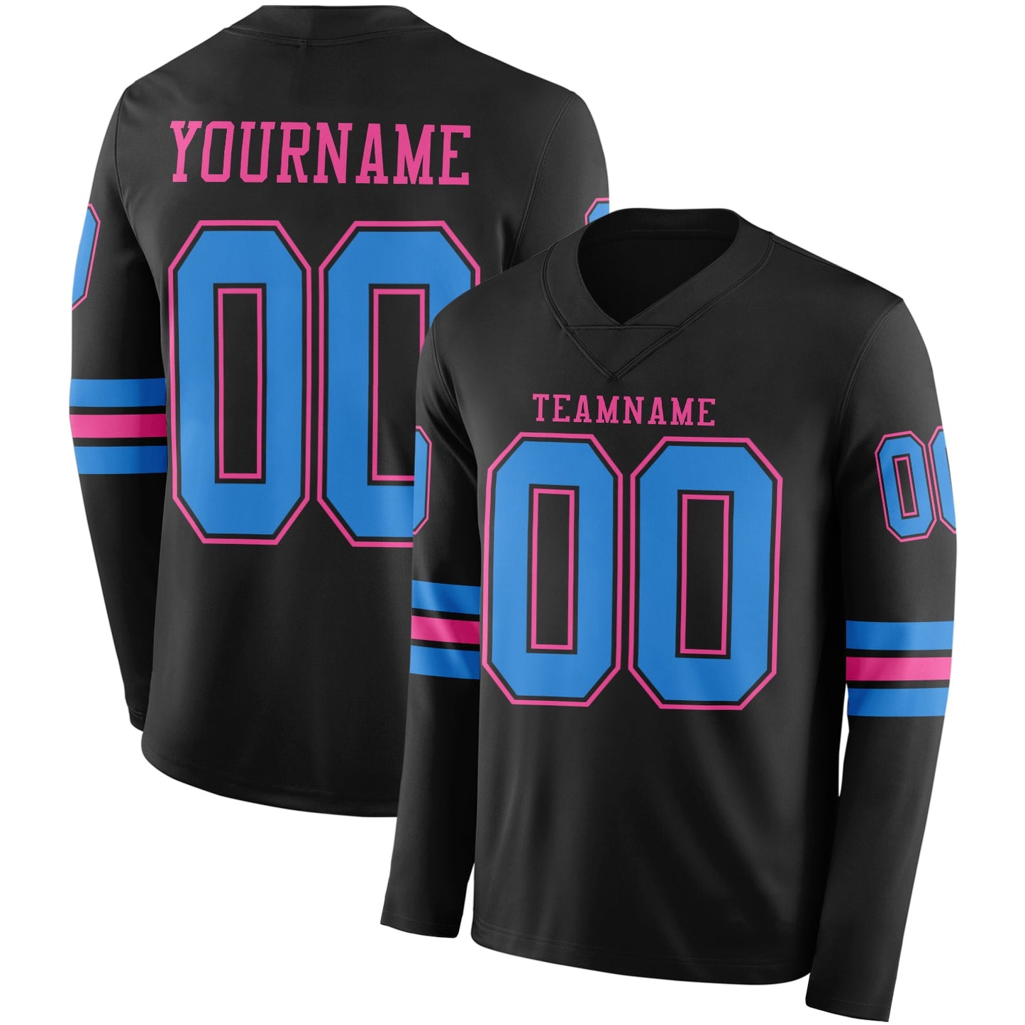 Custom Black Powder Blue-Pink Long Sleeve Authentic Football Jersey - Main View