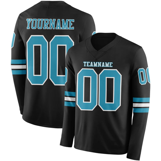 Custom Black Panther Blue-White Long Sleeve Authentic Football Jersey - Main View