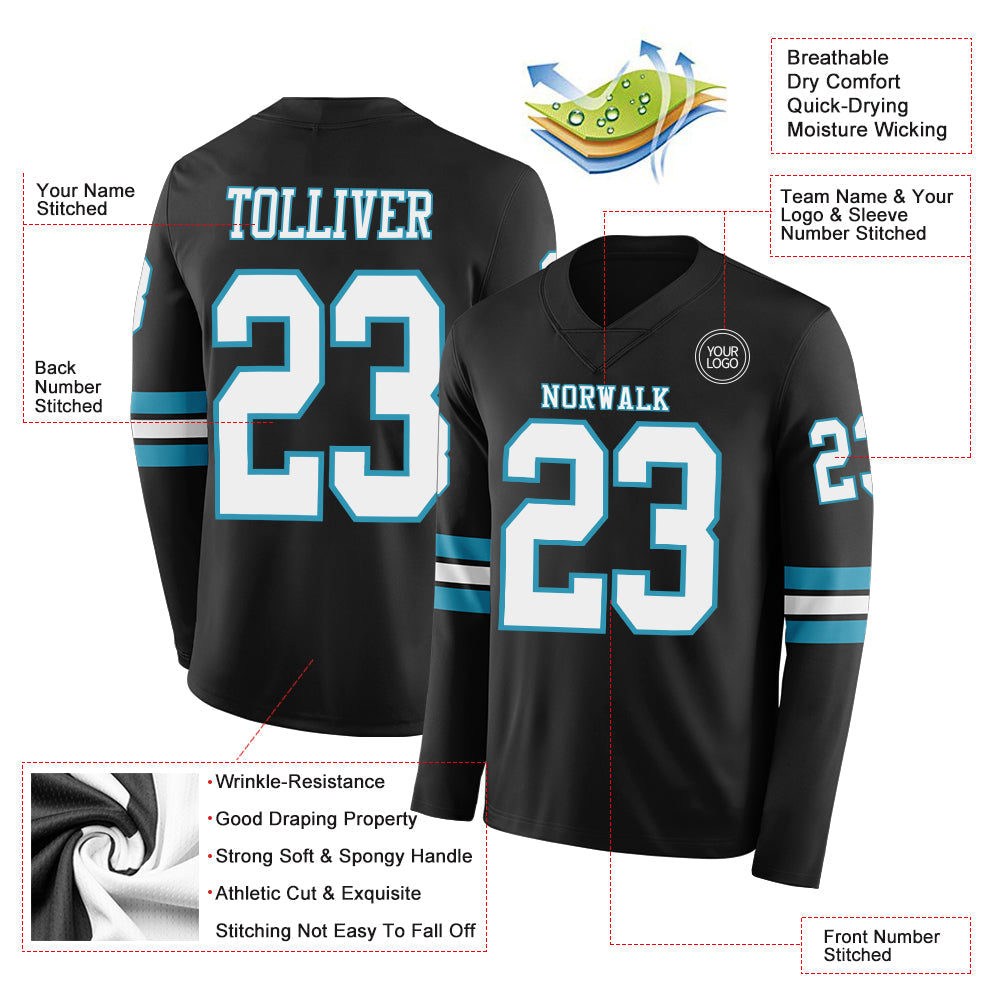 Custom Black White-Panther Blue Long Sleeve Authentic Football Jersey view 2
