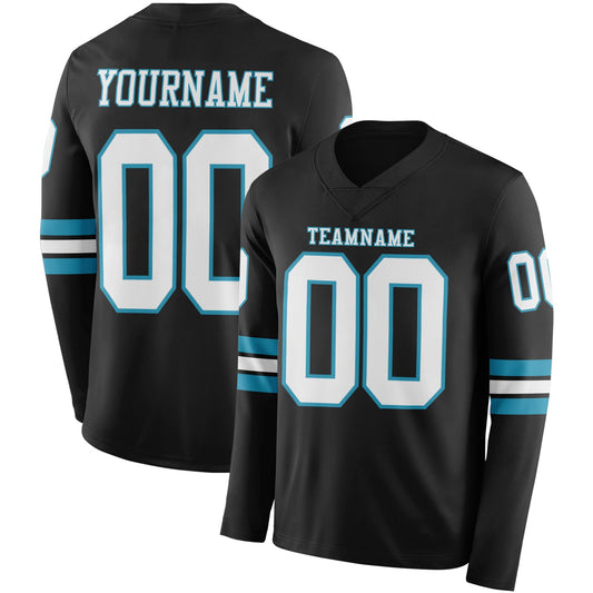 Custom Black White-Panther Blue Long Sleeve Authentic Football Jersey - Main View