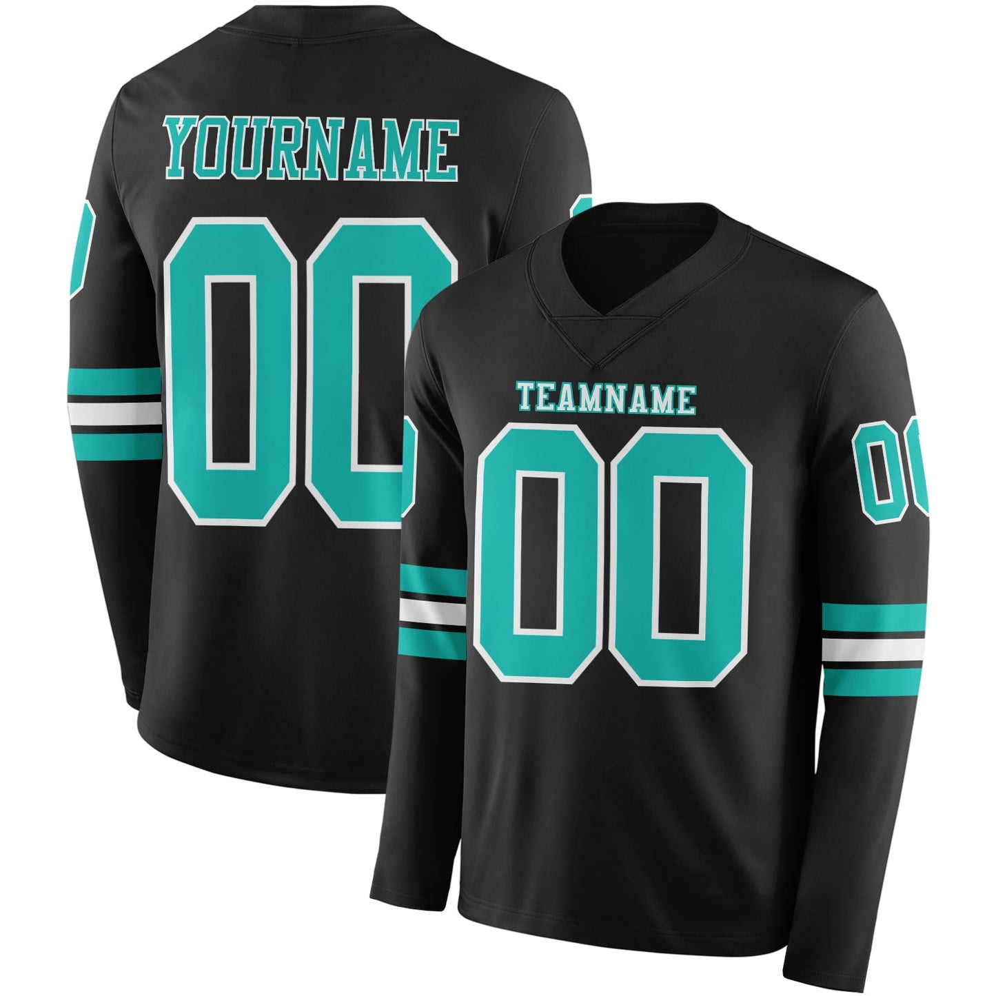 Custom Black Aqua-White Long Sleeve Authentic Football Jersey - Main View