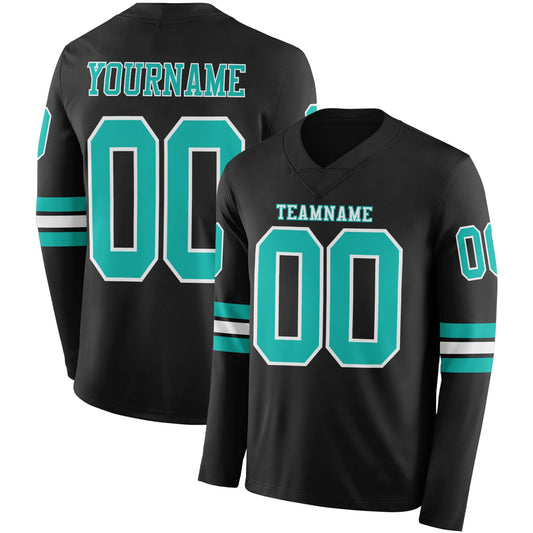 Custom Black Aqua-White Long Sleeve Authentic Football Jersey - Main View