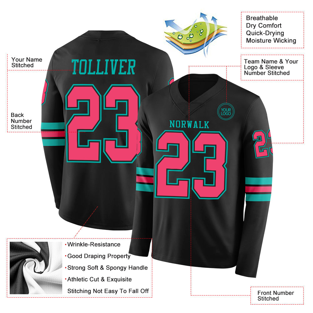 Custom Black Neon Pink-Aqua Long Sleeve Authentic Football Jersey view 2