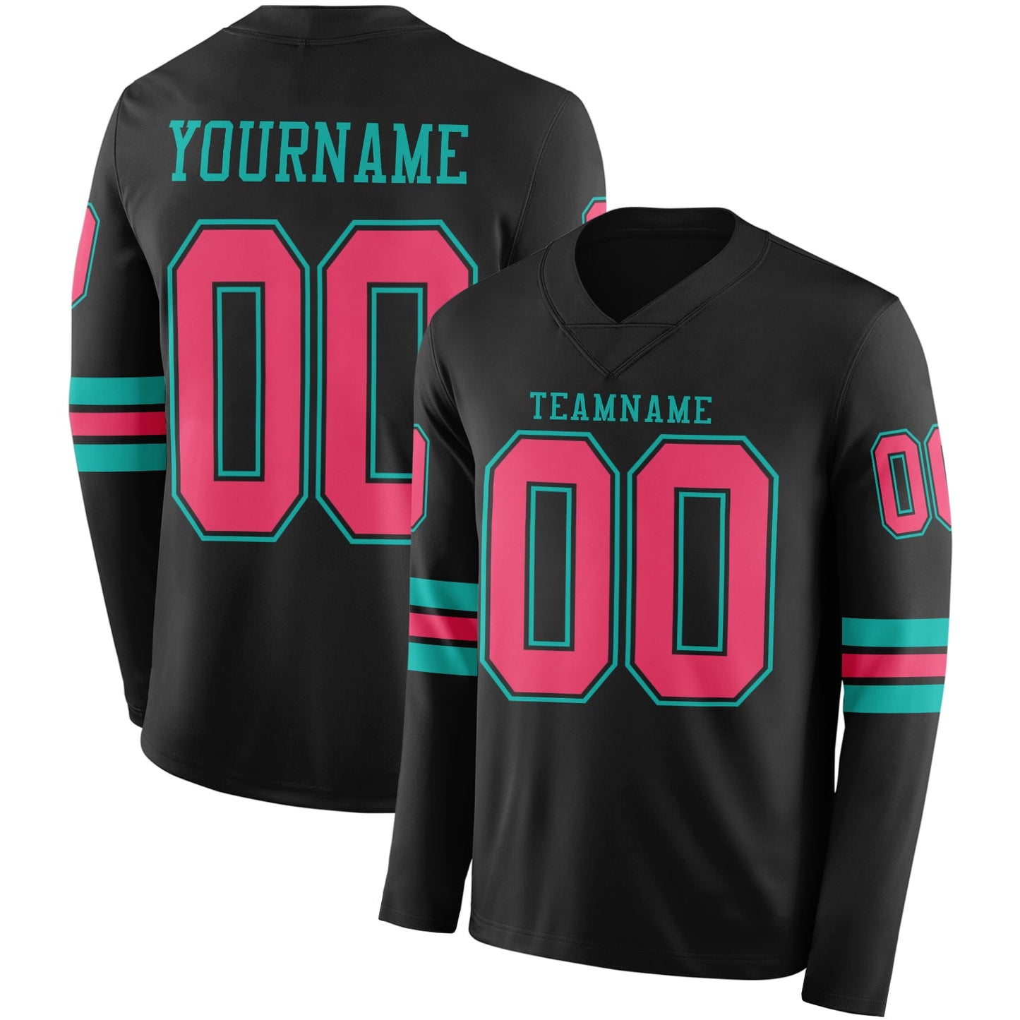 Custom Black Neon Pink-Aqua Long Sleeve Authentic Football Jersey - Main View