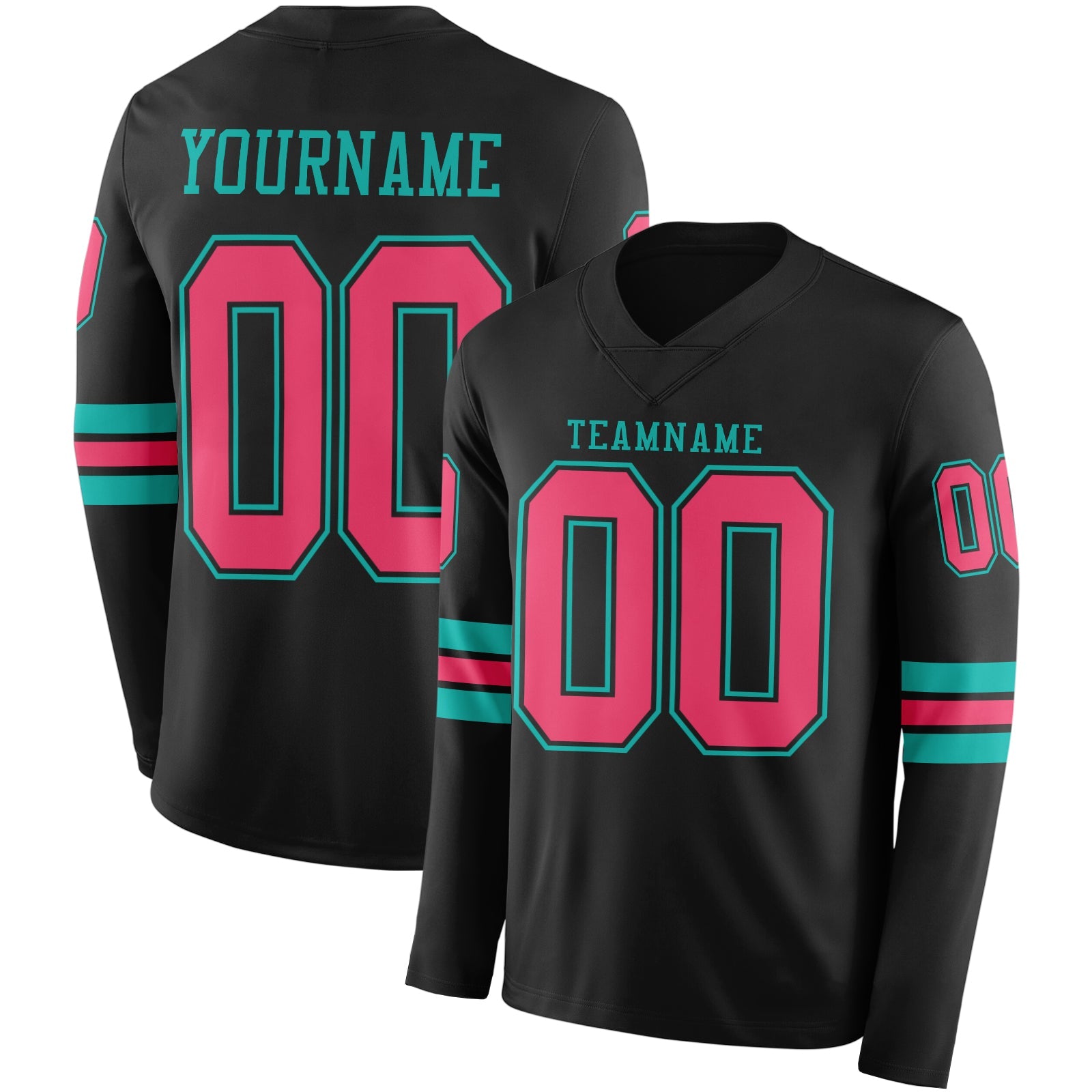 Custom Black Neon Pink-Aqua Long Sleeve Authentic Football Jersey - Main View
