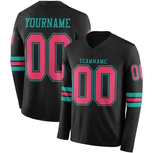 Custom Black Neon Pink-Aqua Long Sleeve Authentic Football Jersey - Main View