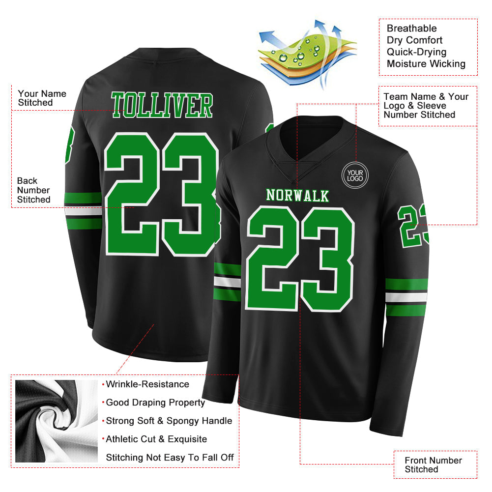 Custom Black Grass Green-White Long Sleeve Authentic Football Jersey view 2