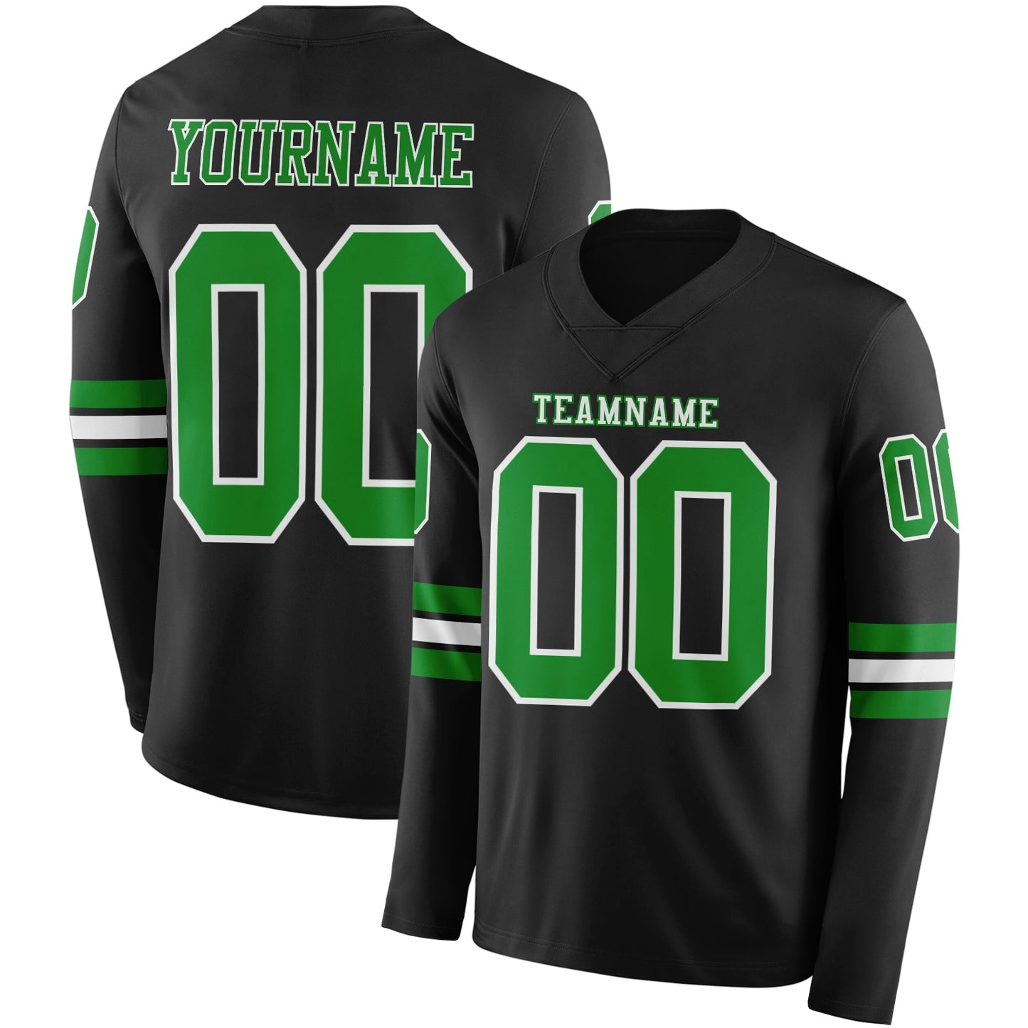 Custom Black Grass Green-White Long Sleeve Authentic Football Jersey - Main View