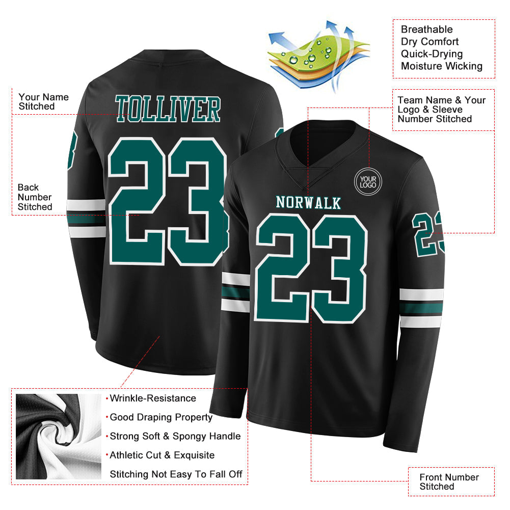 Custom Black Midnight Green-White Long Sleeve Authentic Football Jersey view 2