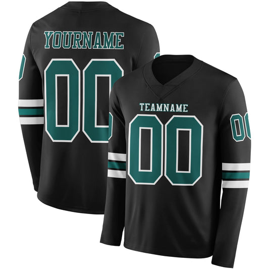 Custom Black Midnight Green-White Long Sleeve Authentic Football Jersey - Main View
