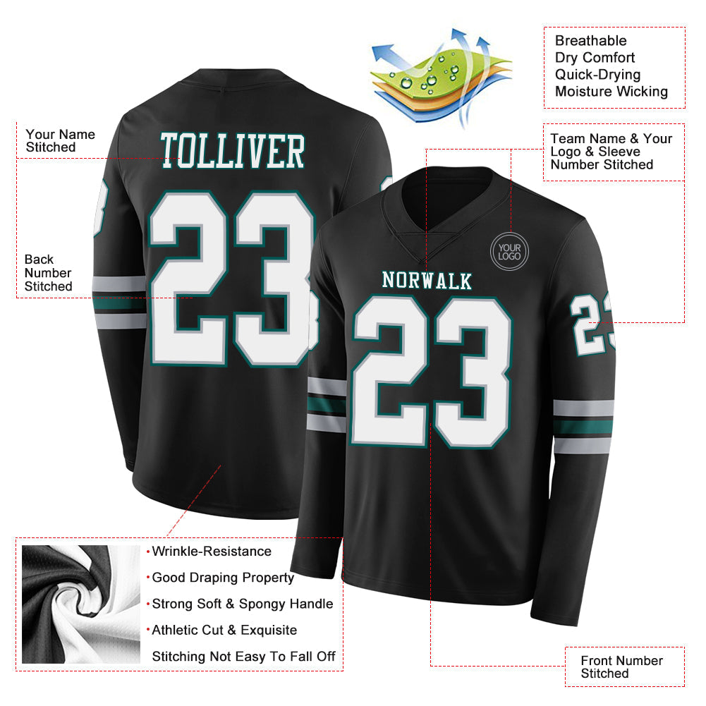 Custom Black White Gray-Midnight Green Long Sleeve Authentic Football Jersey view 2