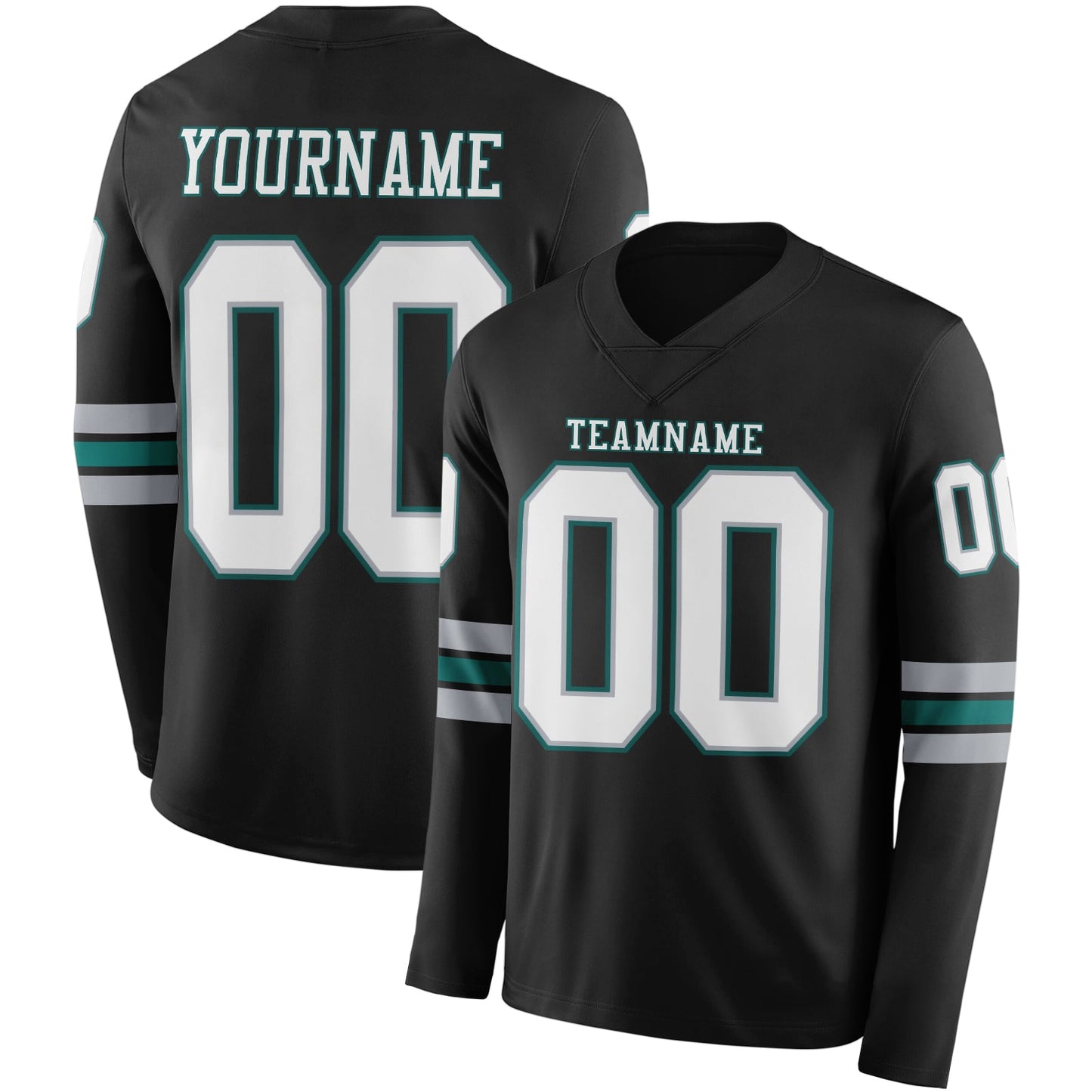 Custom Black White Gray-Midnight Green Long Sleeve Authentic Football Jersey - Main View